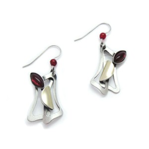 Abstract Brushed Two-tone Earrings with Red Acrylic Stones